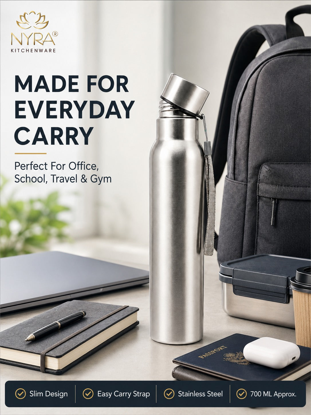 Stainless Steel Single-Walled Water Bottle with a String