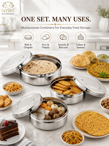 Stainless Steel Chapati Box Set | Multipurpose Kitchen Storage Containers Set of 3pcs.