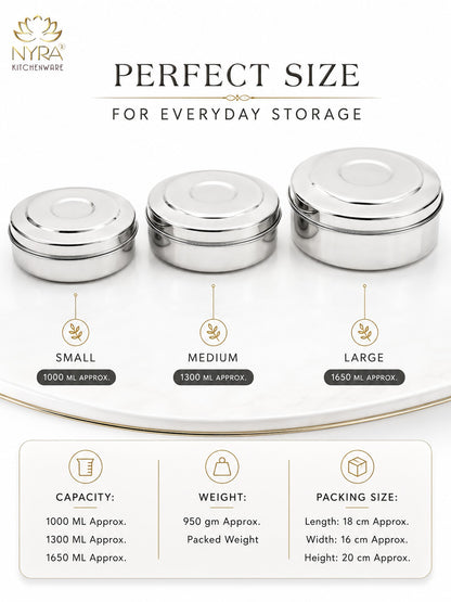 Stainless Steel Chapati Box Set | Multipurpose Kitchen Storage Containers Set of 3pcs.