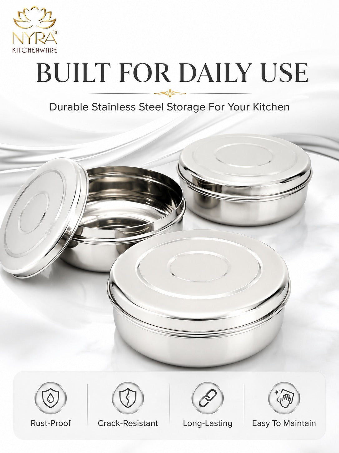 Stainless Steel Chapati Box Set | Multipurpose Kitchen Storage Containers Set of 3pcs.