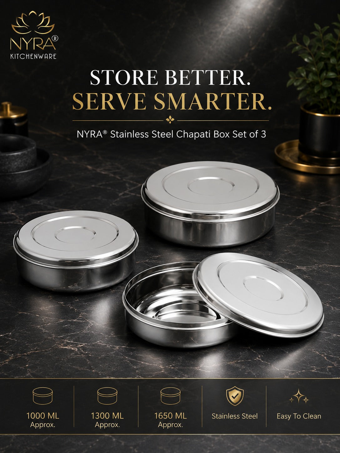 Stainless Steel Chapati Box Set | Multipurpose Kitchen Storage Containers Set of 3pcs.