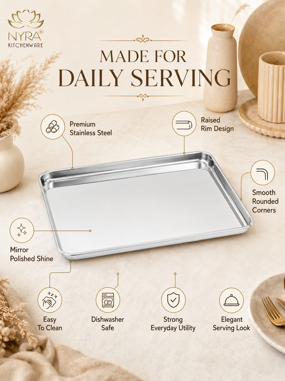 Stainless Steel Glossy-finish Serving Trays - Ideal for Cakes, Pastries, Muffins, Sweets and Snacks