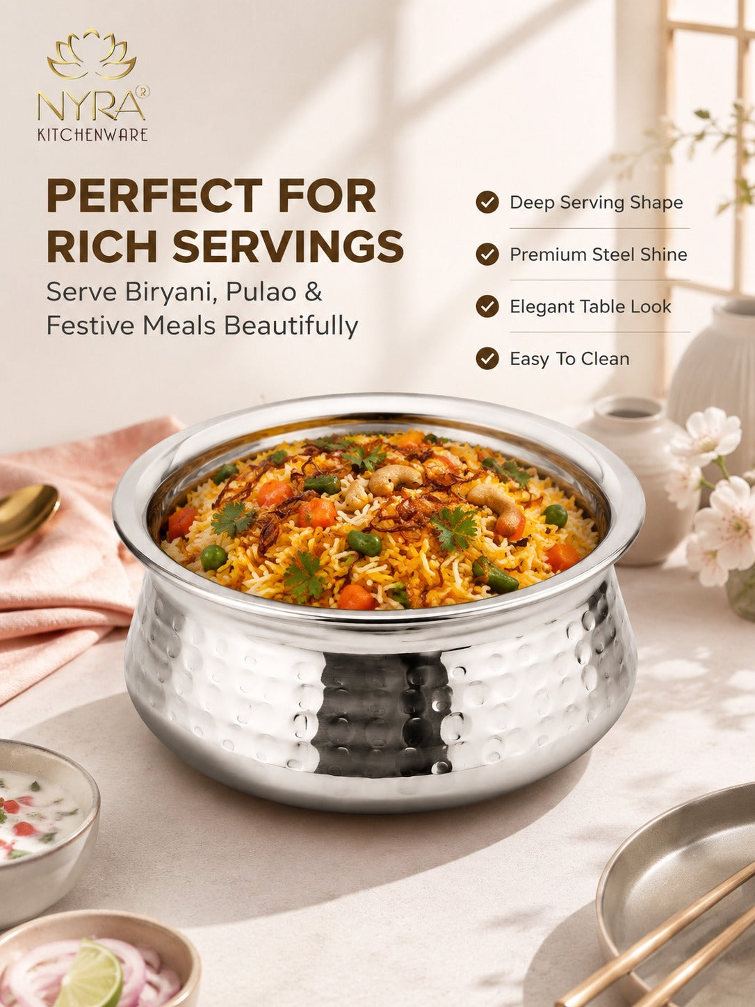 Stainless Steel Hammered Finish Dal Handi - Premium Serveware Set
