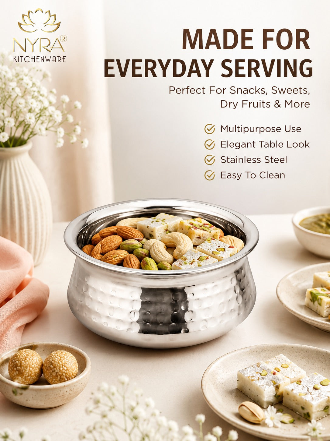 Stainless Steel Hammered Finish Dal Handi - Premium Serveware Set