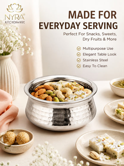 Stainless Steel Hammered Finish Dal Handi - Premium Serveware Set