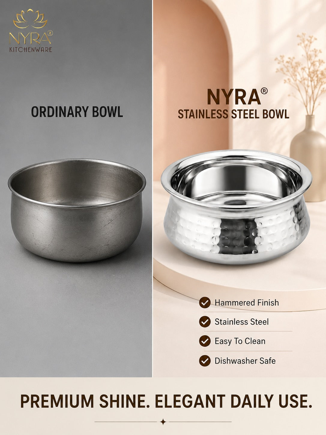 Stainless Steel Hammered Finish Dal Handi - Premium Serveware Set