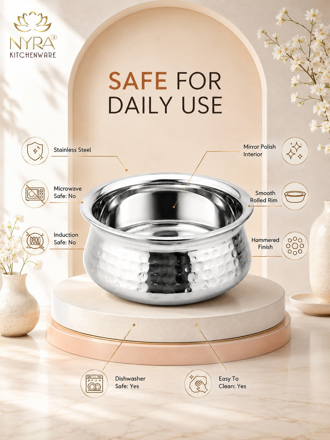 Stainless Steel Hammered Finish Dal Handi - Premium Serveware Set