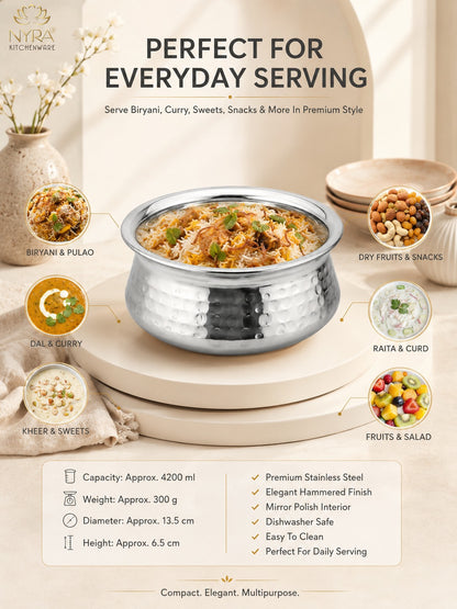 Stainless Steel Hammered Finish Dal Handi - Premium Serveware Set