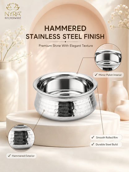 Stainless Steel Hammered Finish Dal Handi - Premium Serveware Set