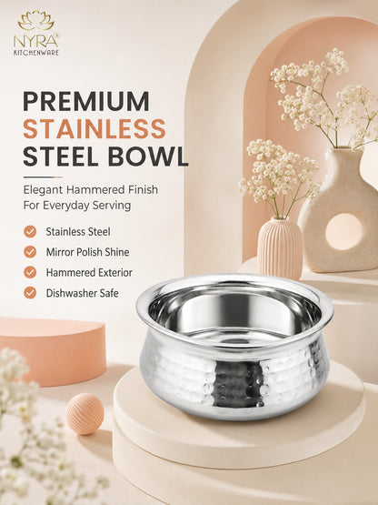 Stainless Steel Hammered Finish Dal Handi - Premium Serveware Set