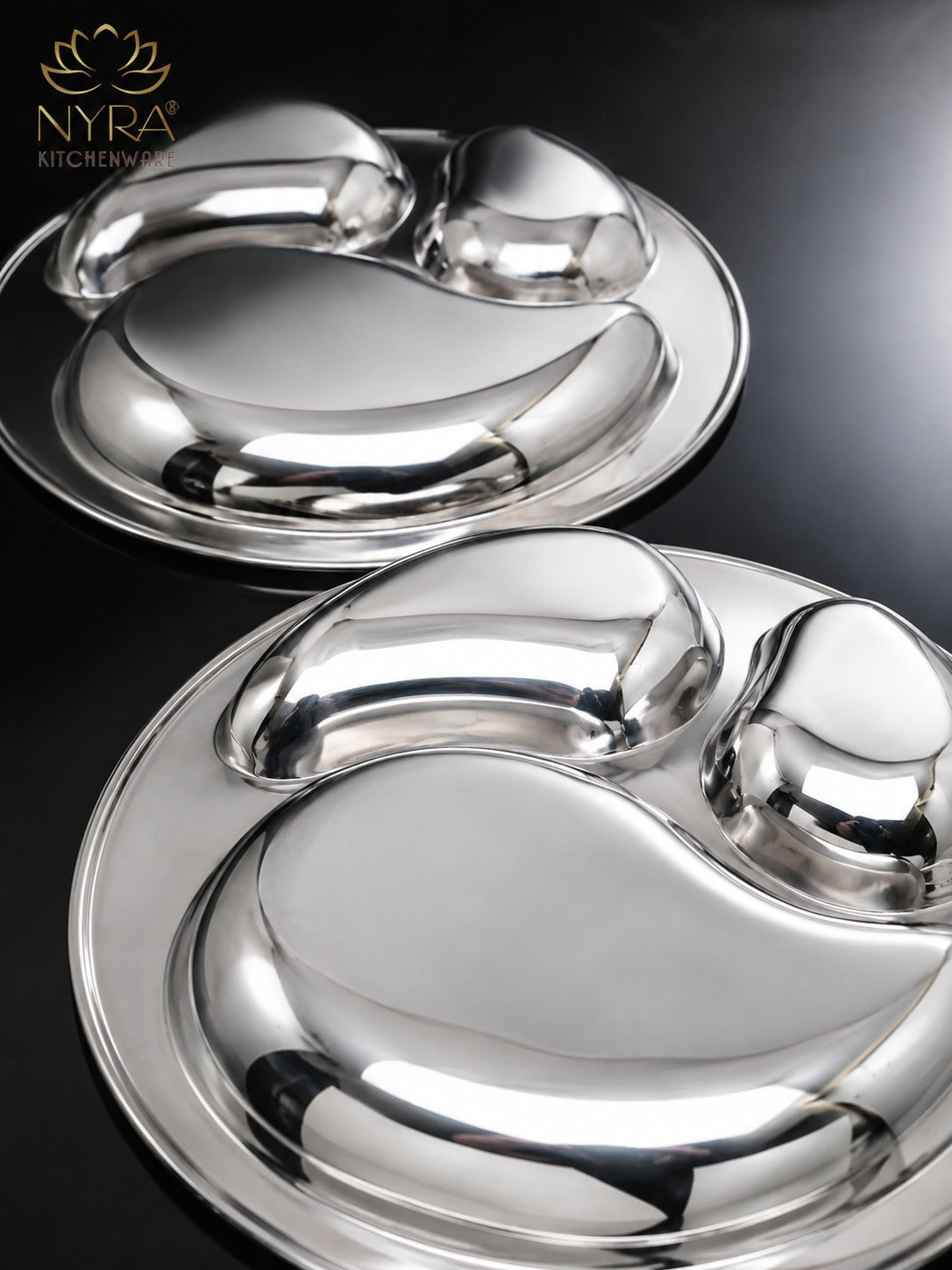 Stainless Steel 3-Compartment Dinner Plates | Mango-shaped Plates for Meals & Snacks |