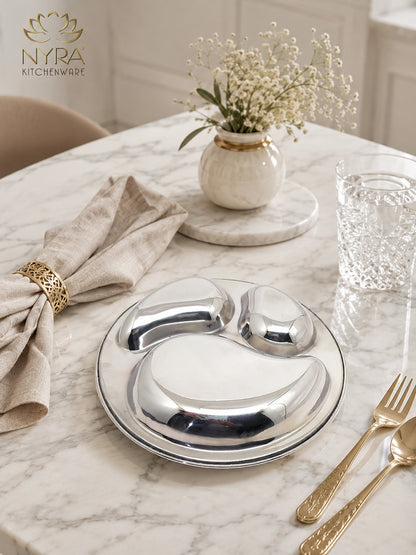 Stainless Steel 3-Compartment Dinner Plates | Mango-shaped Plates for Meals & Snacks |