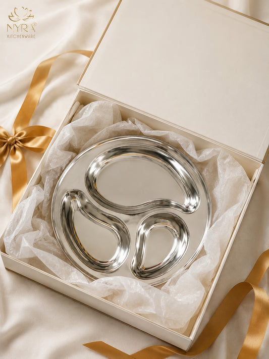 Stainless Steel 3-Compartment Dinner Plates | Mango-shaped Plates for Meals & Snacks |