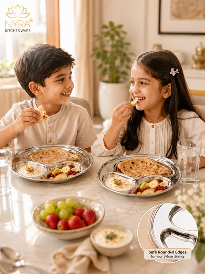 Stainless Steel 3-Compartment Dinner Plates | Mango-shaped Plates for Meals & Snacks |
