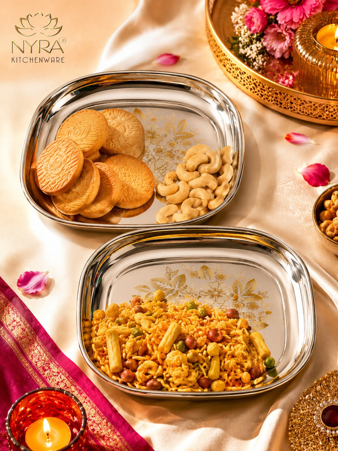 Elegant Stainless Steel Quarter Plates Set - Glossy Finish & Laser Design