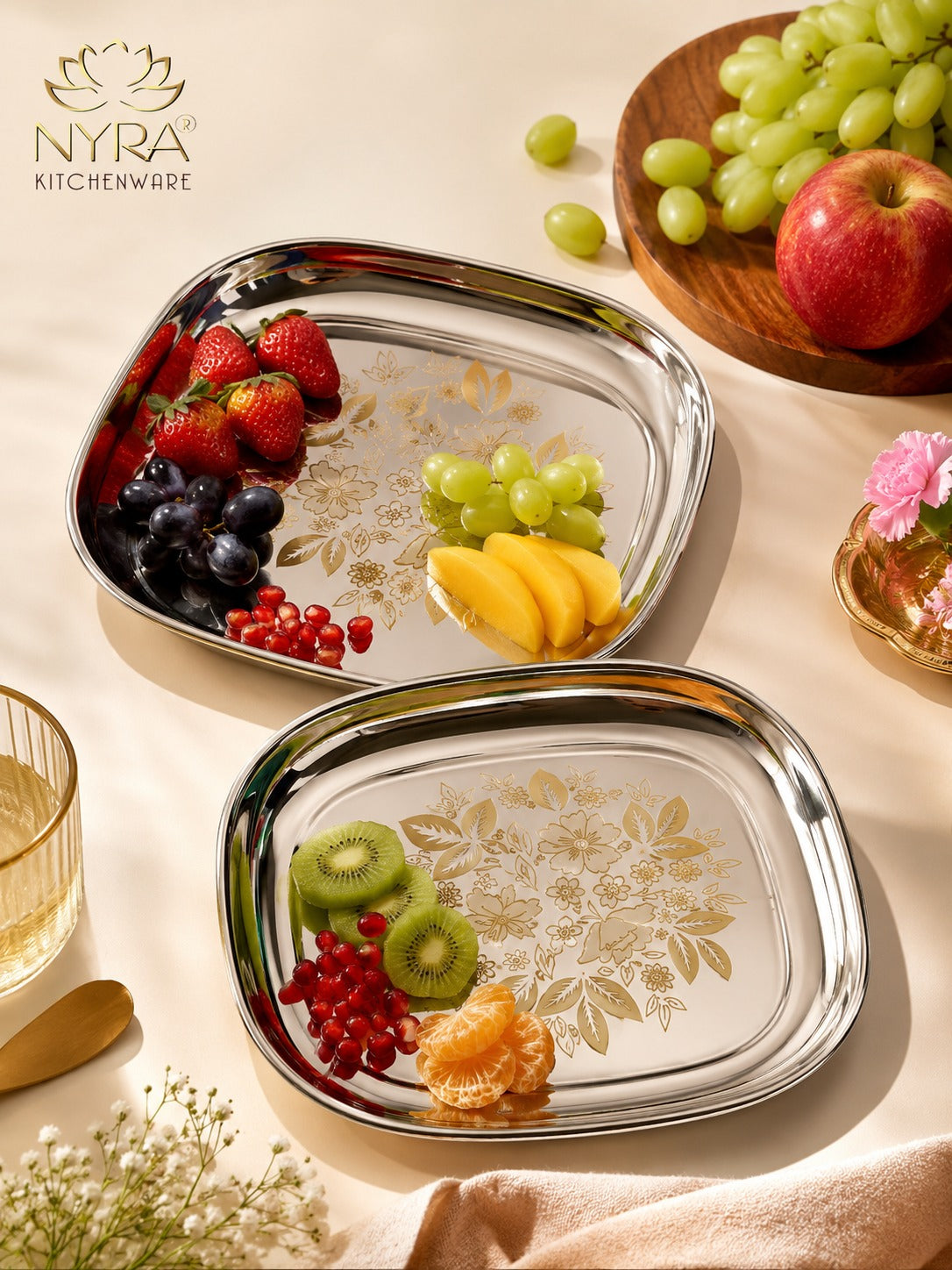 Elegant Stainless Steel Quarter Plates Set - Glossy Finish & Laser Design