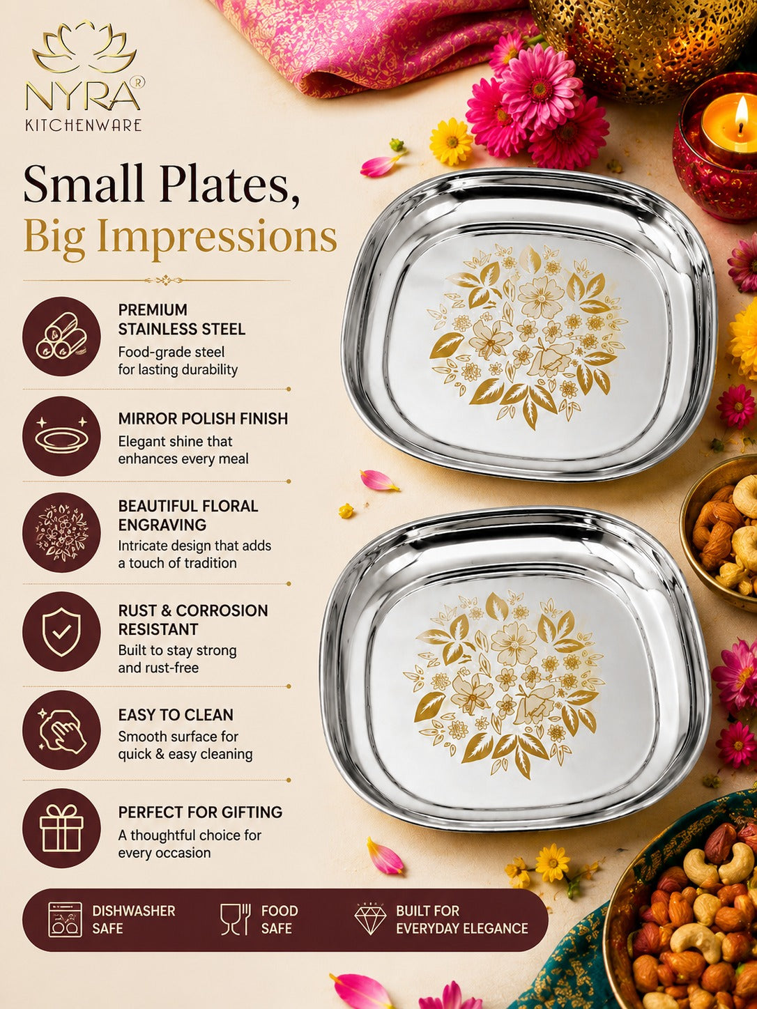 Elegant Stainless Steel Quarter Plates Set - Glossy Finish & Laser Design