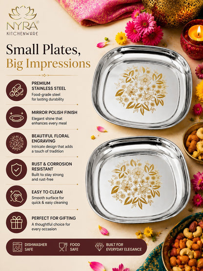 Elegant Stainless Steel Quarter Plates Set - Glossy Finish & Laser Design