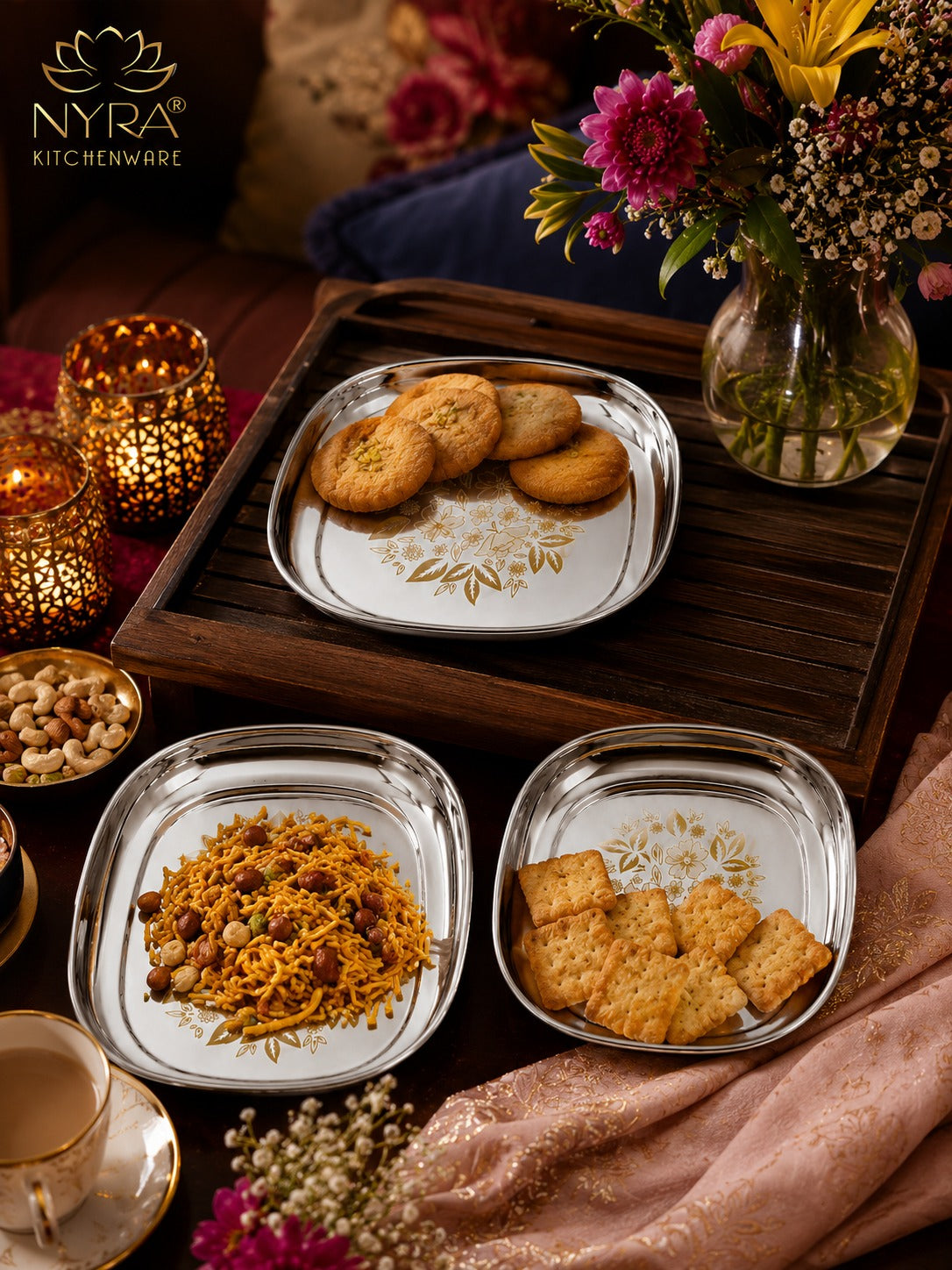 Elegant Stainless Steel Quarter Plates Set - Glossy Finish & Laser Design