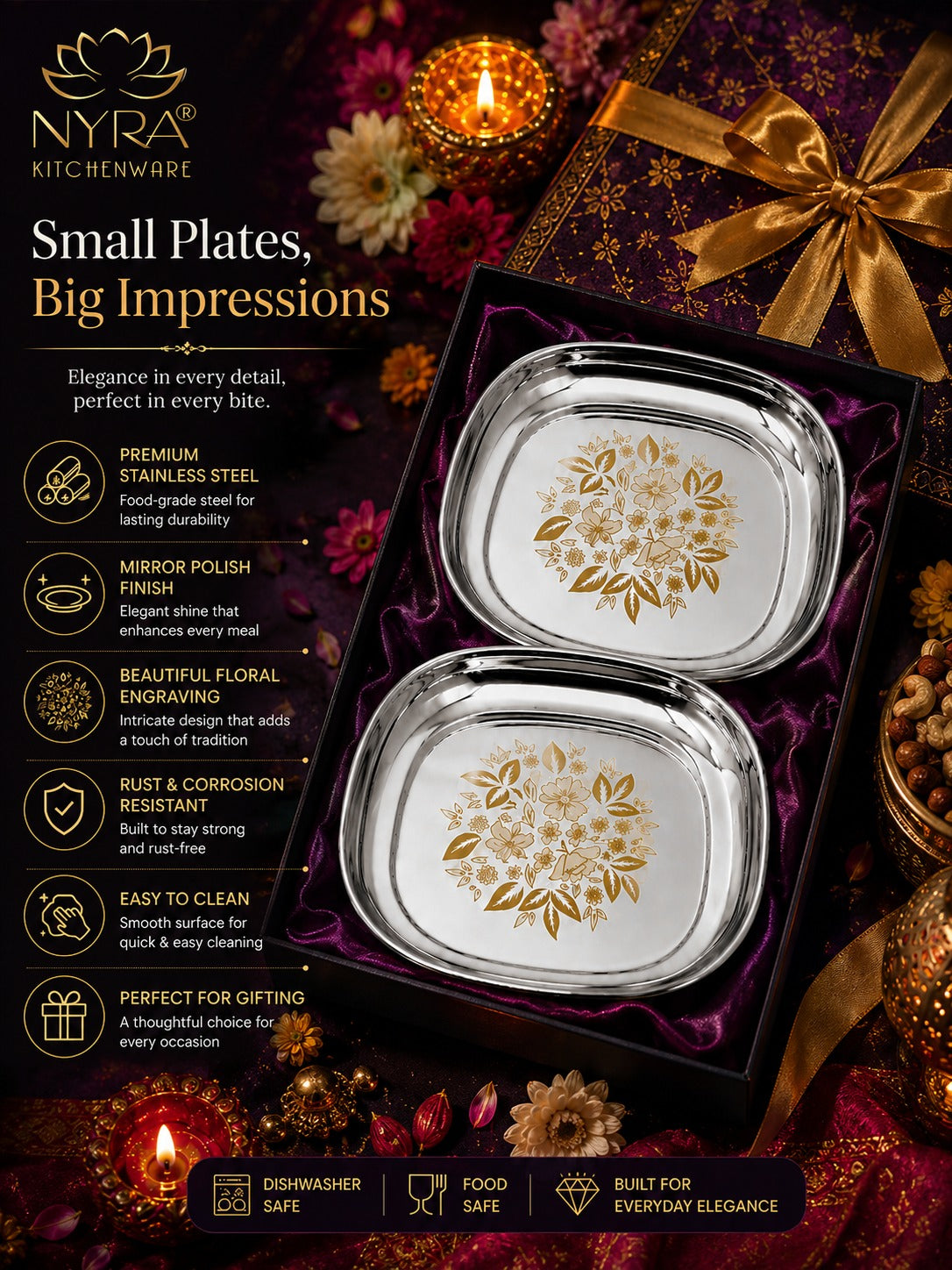 Elegant Stainless Steel Quarter Plates Set - Glossy Finish & Laser Design