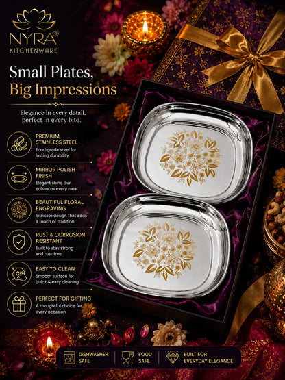 Elegant Stainless Steel Quarter Plates Set - Glossy Finish & Laser Design