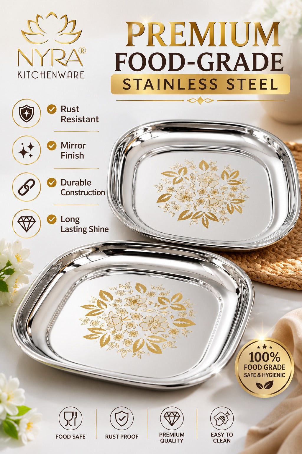 Elegant Stainless Steel Quarter Plates Set - Glossy Finish & Laser Design
