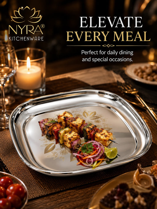 Stainless-Steel Full-Size Lunch/Dinner Plates with Glossy Outer Finish and Laser Print Set