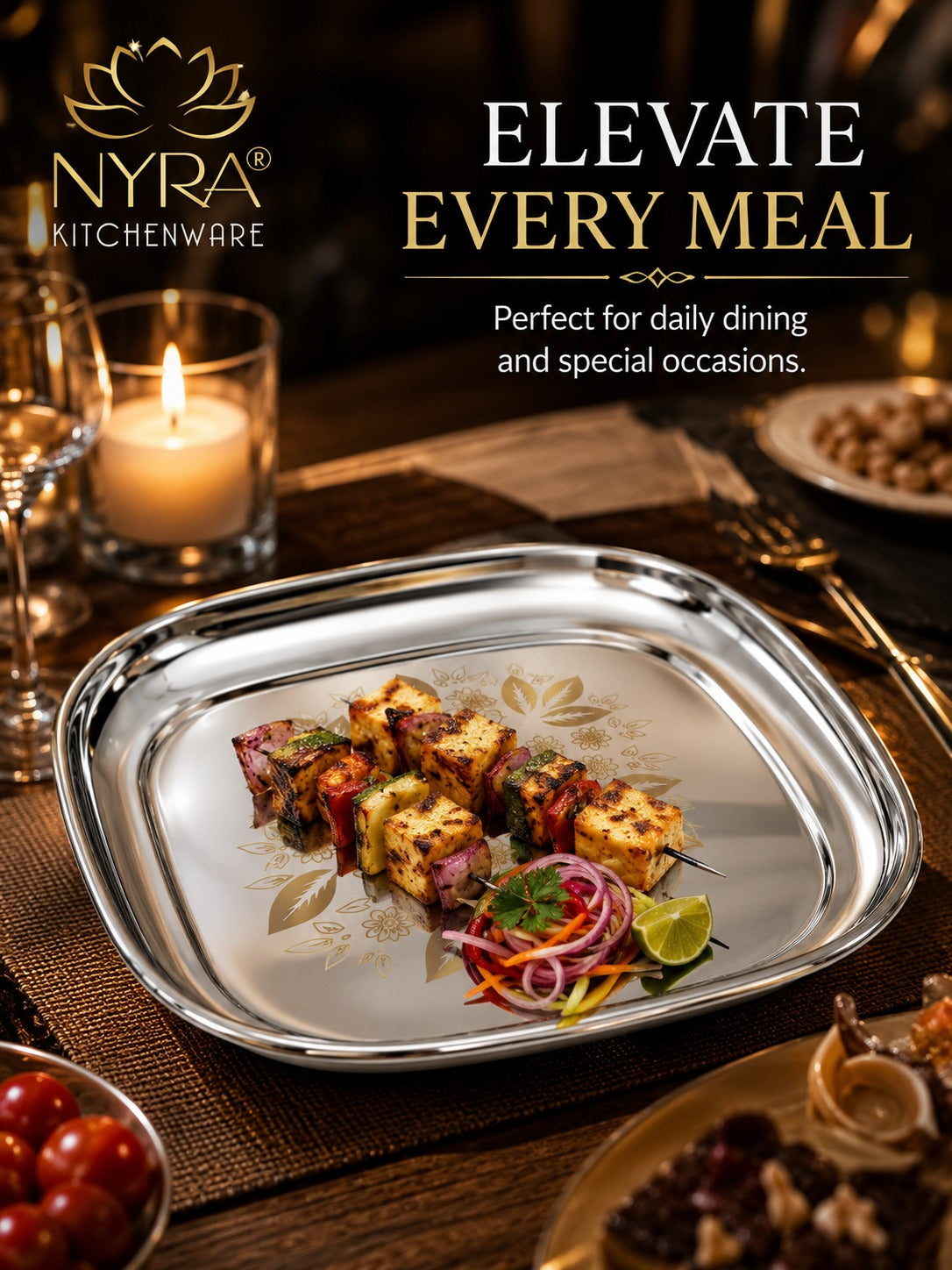 Elegant Stainless Steel Quarter Plates Set - Glossy Finish & Laser Design