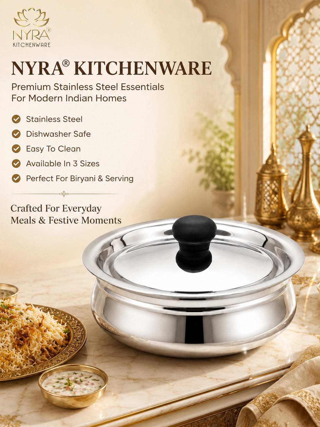 Stainless Steel Biryani Handis with Lid & PVC Knob - Set of 3pcs.