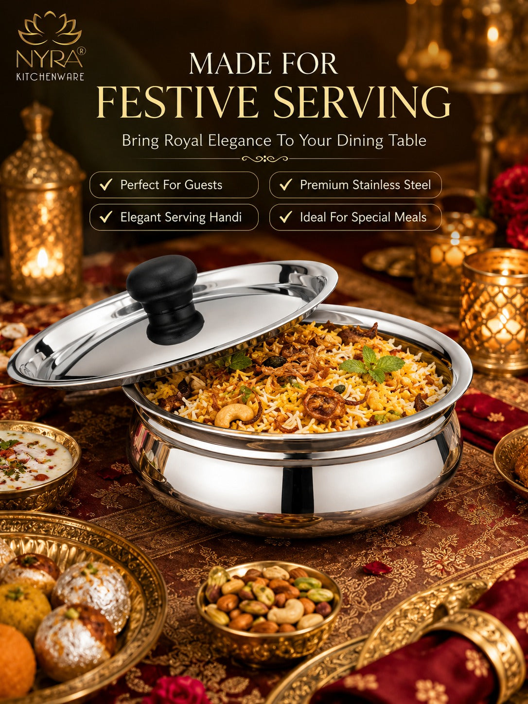 Stainless Steel Biryani Handis with Lid & PVC Knob - Set of 3pcs.
