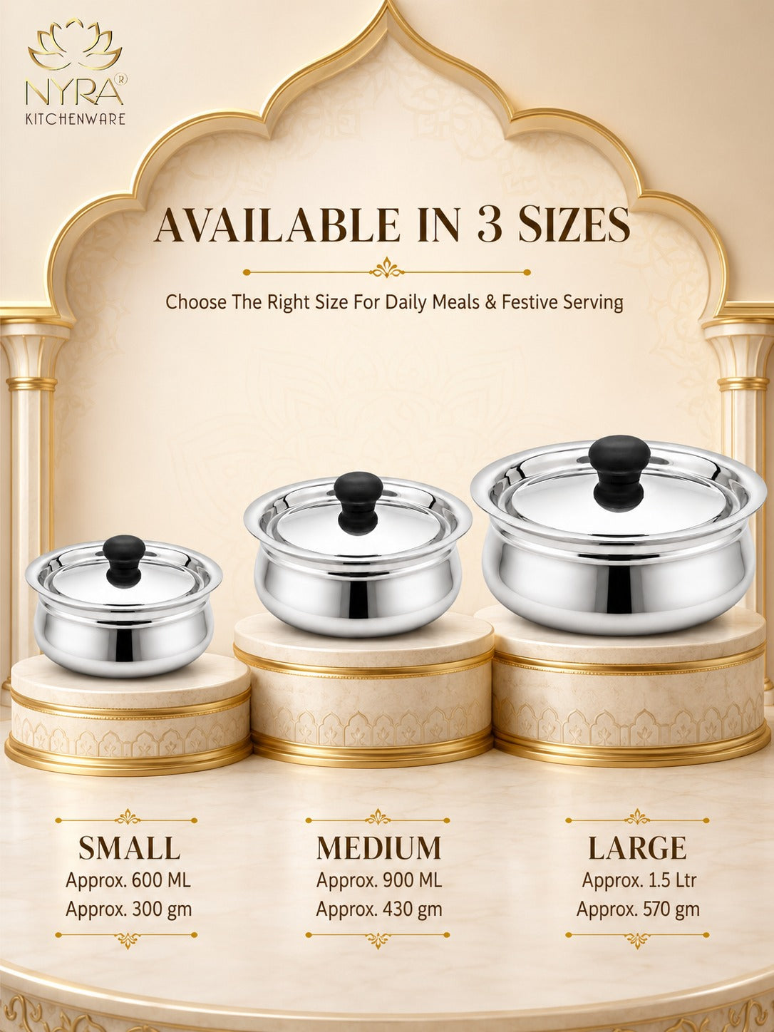 Stainless Steel Biryani Handis with Lid & PVC Knob - Set of 3pcs.