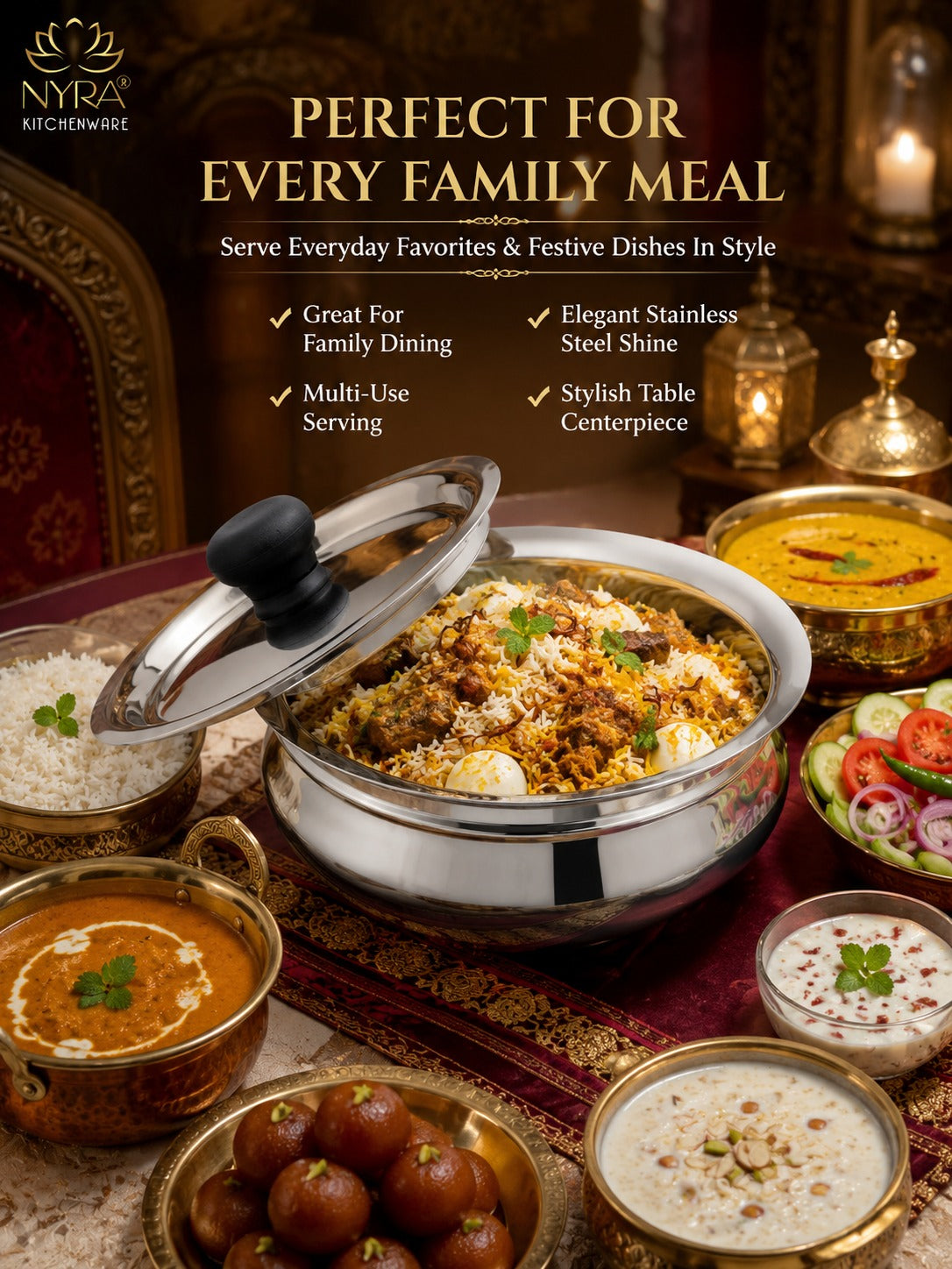 Stainless Steel Biryani Handis with Lid & PVC Knob - Set of 3pcs.