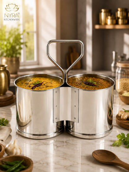 Stainless Steel Chaumukha/Chougadha Vegetable Holder with Handle | Premium 2, 3 & 4 Container Stand