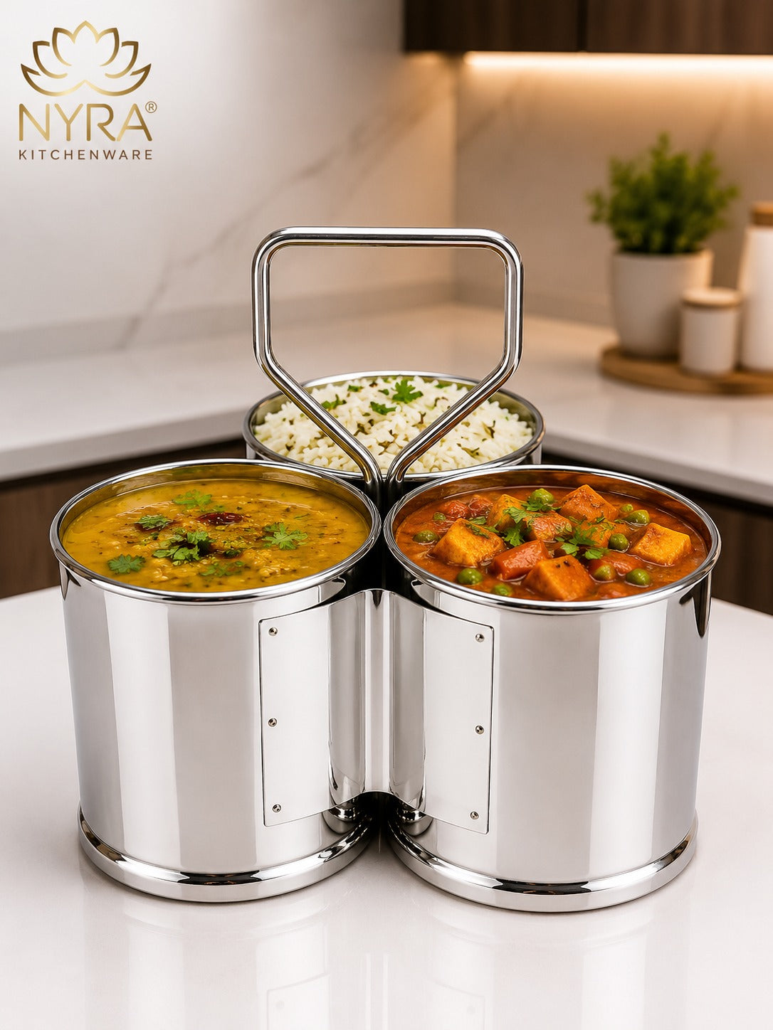 Stainless Steel Chaumukha/Chougadha Vegetable Holder with Handle | Premium 2, 3 & 4 Container Stand