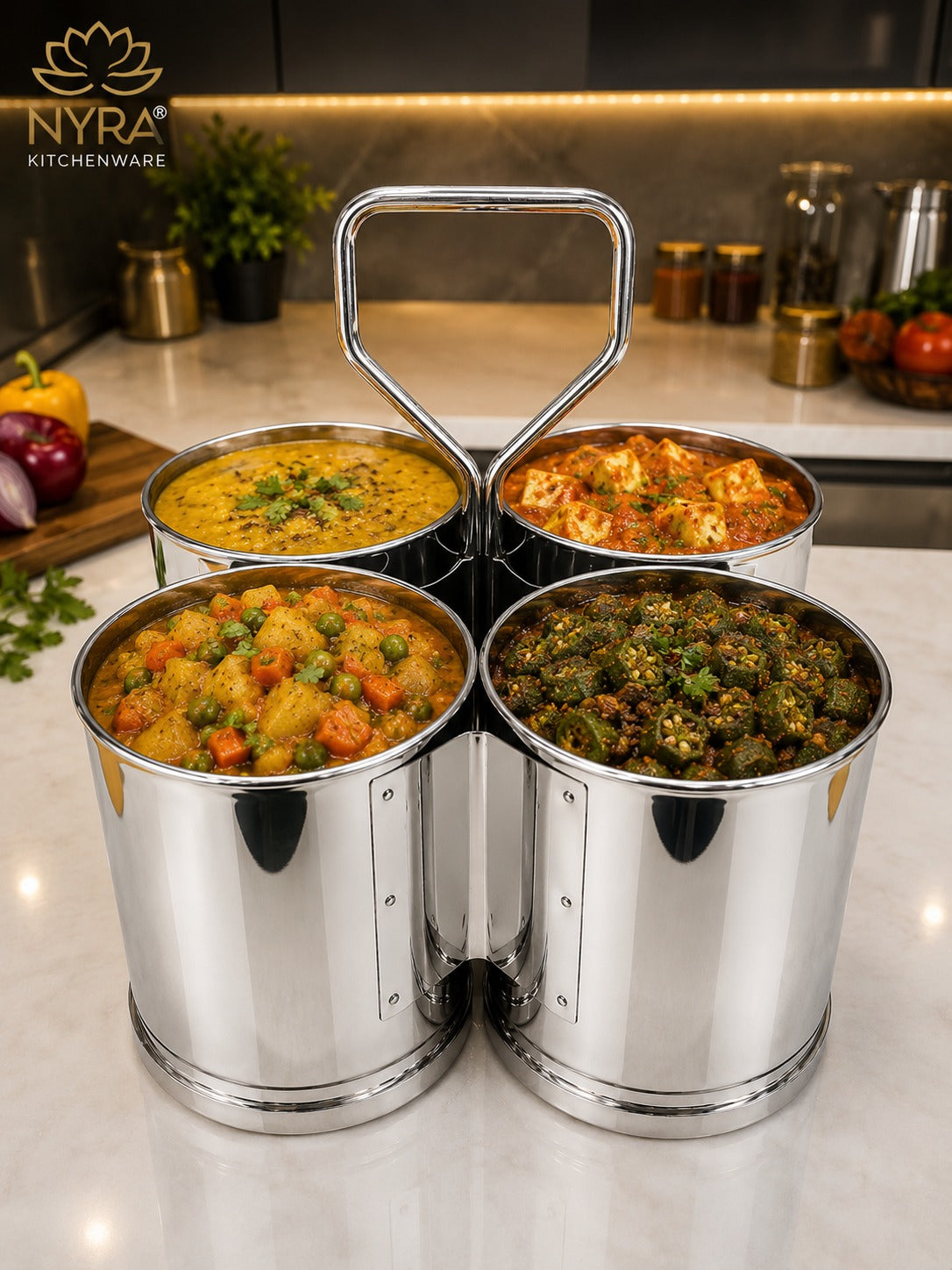 A stainless steel 4-bird curry stand with a handle, shown filled with four different Indian curries on a kitchen countertop. The NYRA Kitchenware logo is visible in the top left corner.