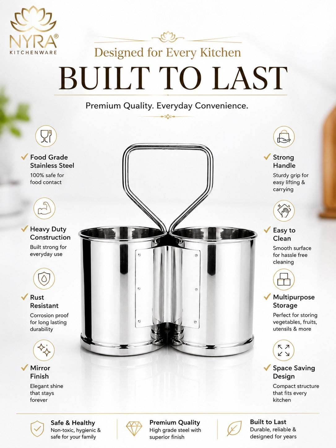 Stainless Steel Chaumukha/Chougadha Vegetable Holder with Handle | Premium 2, 3 & 4 Container Stand