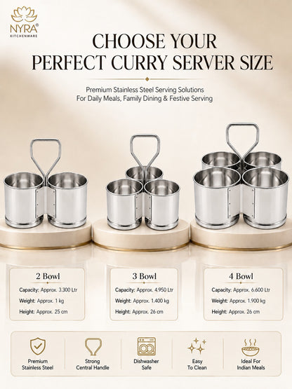 Stainless Steel Chaumukha/Chougadha Vegetable Holder with Handle | Premium 2, 3 & 4 Container Stand