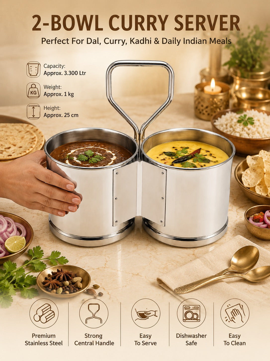 Stainless Steel Chaumukha/Chougadha Vegetable Holder with Handle | Premium 2, 3 & 4 Container Stand