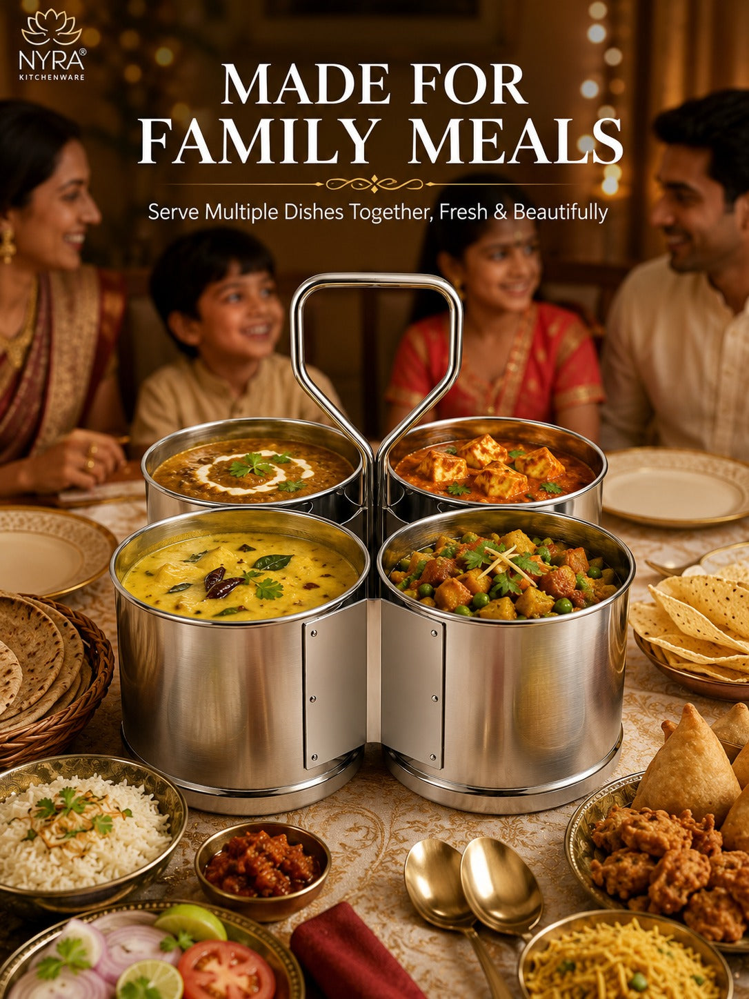 Stainless Steel Chougadha | Chaumukha Vegetable Holder with Handle – Premium 2, 3, 4 Container
