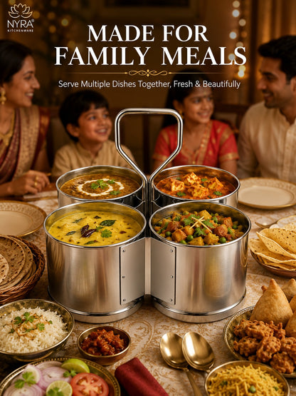 Stainless Steel Chougadha | Chaumukha Vegetable Holder with Handle – Premium 2, 3, 4 Container