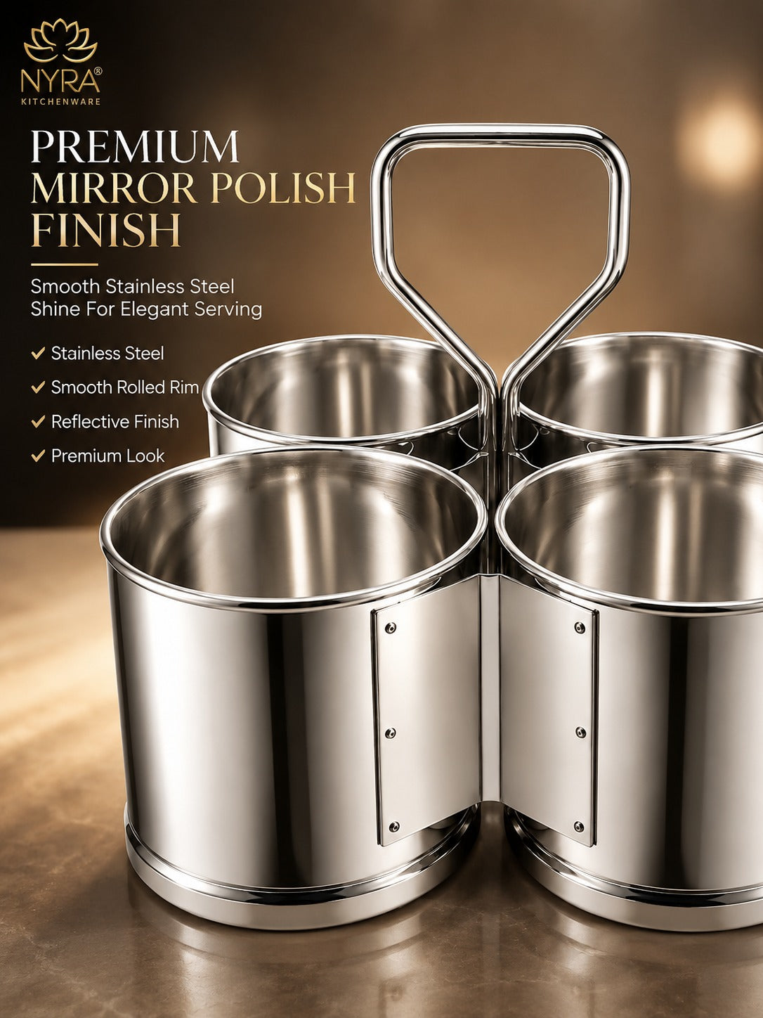 Stainless Steel Chaumukha/Chougadha Vegetable Holder with Handle | Premium 2, 3 & 4 Container Stand