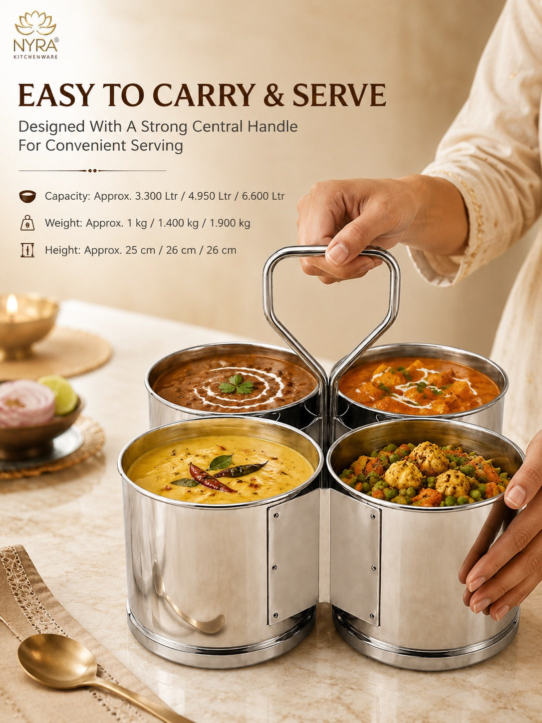 Stainless Steel Chaumukha/Chougadha Vegetable Holder with Handle | Premium 2, 3 & 4 Container Stand