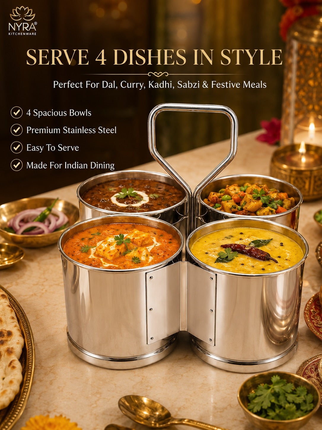 Stainless Steel Chaumukha/Chougadha Vegetable Holder with Handle | Premium 2, 3 & 4 Container Stand