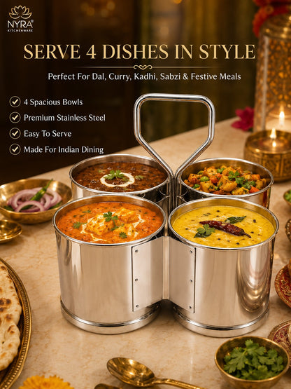 Stainless Steel Chaumukha/Chougadha Vegetable Holder with Handle | Premium 2, 3 & 4 Container Stand
