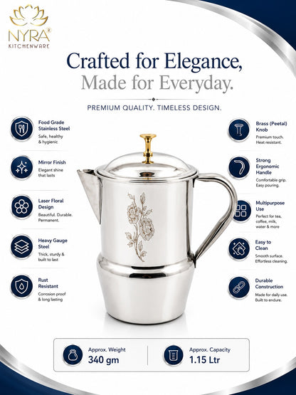 Stainless Steel Tea/Coffee Pot | Lazer Floral Print with Brass Knob