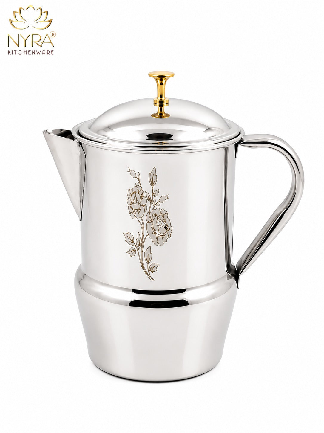 Stainless Steel Tea/Coffee Pot | Lazer Floral Print with Brass Knob
