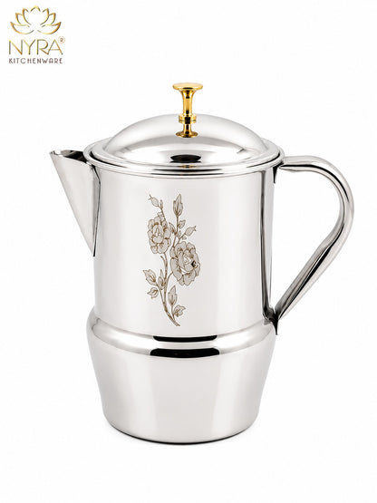 Stainless Steel Tea/Coffee Pot | Lazer Floral Print with Brass Knob