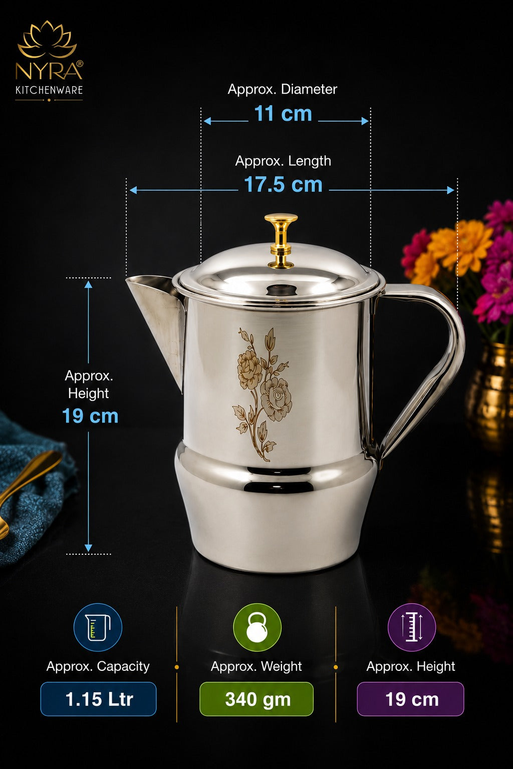 Stainless Steel Tea/Coffee Pot | Lazer Floral Print with Brass Knob