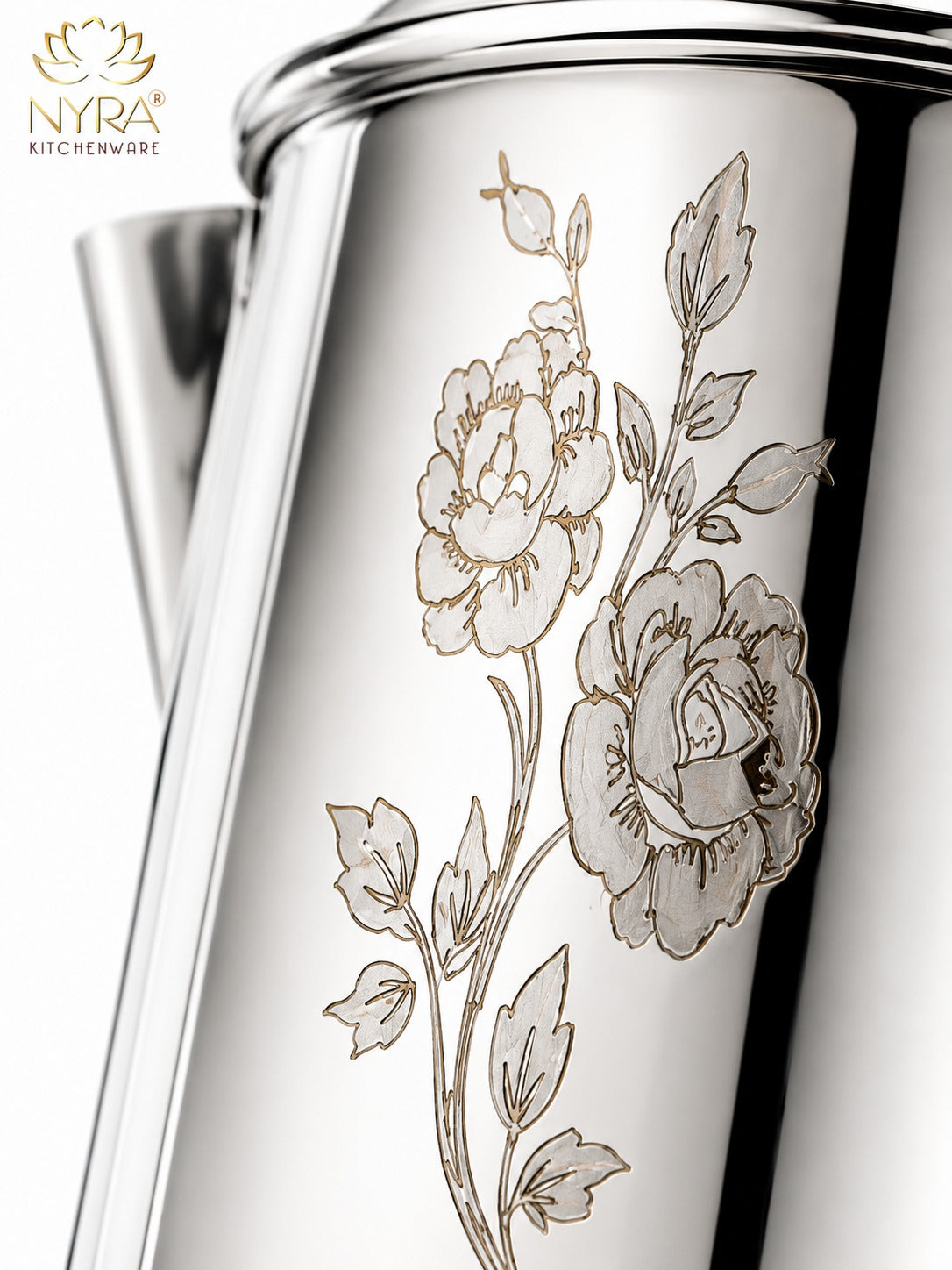 Stainless Steel Tea/Coffee Pot | Lazer Floral Print with Brass Knob