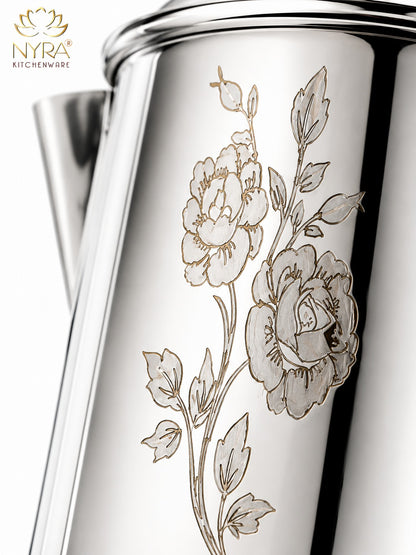 Stainless Steel Tea/Coffee Pot | Lazer Floral Print with Brass Knob